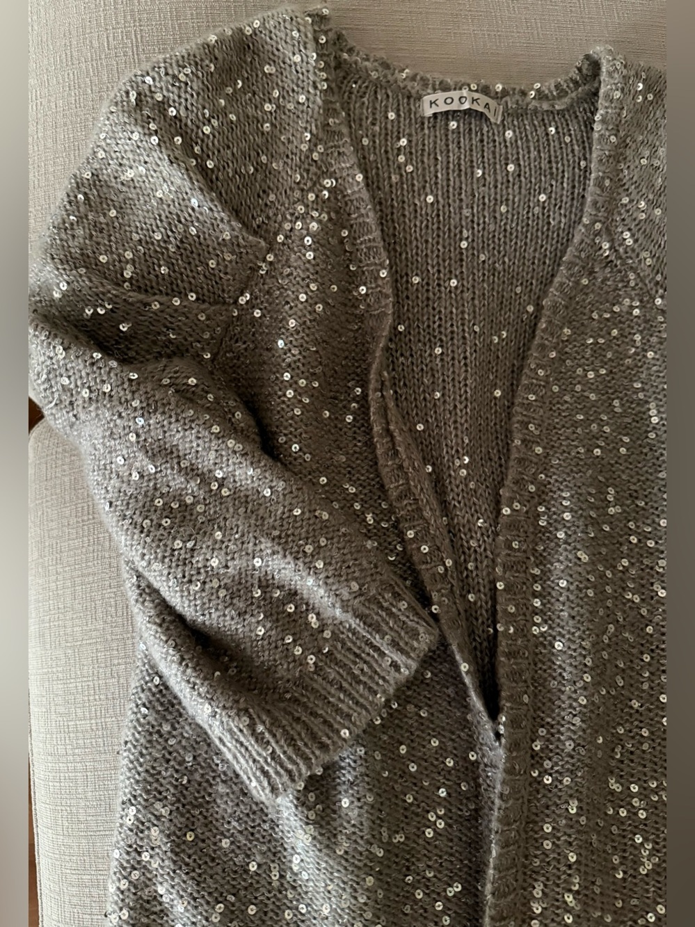 KOOKAI Women's Gray Sequin Knit Open Front V-Neck Long Sleeve Cardigan 3